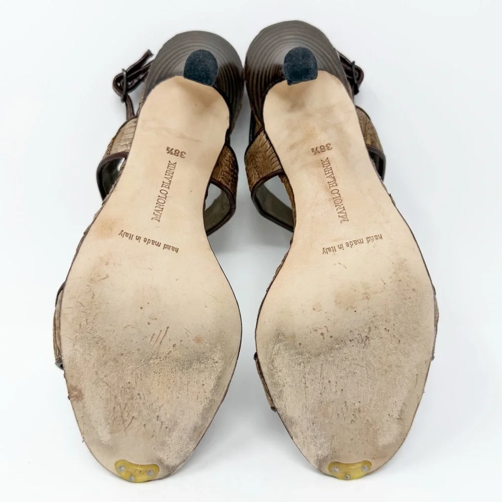 Manolo Blahnik Python Leather Charm Slingback Sandals Heels Womens Size EU 38.5